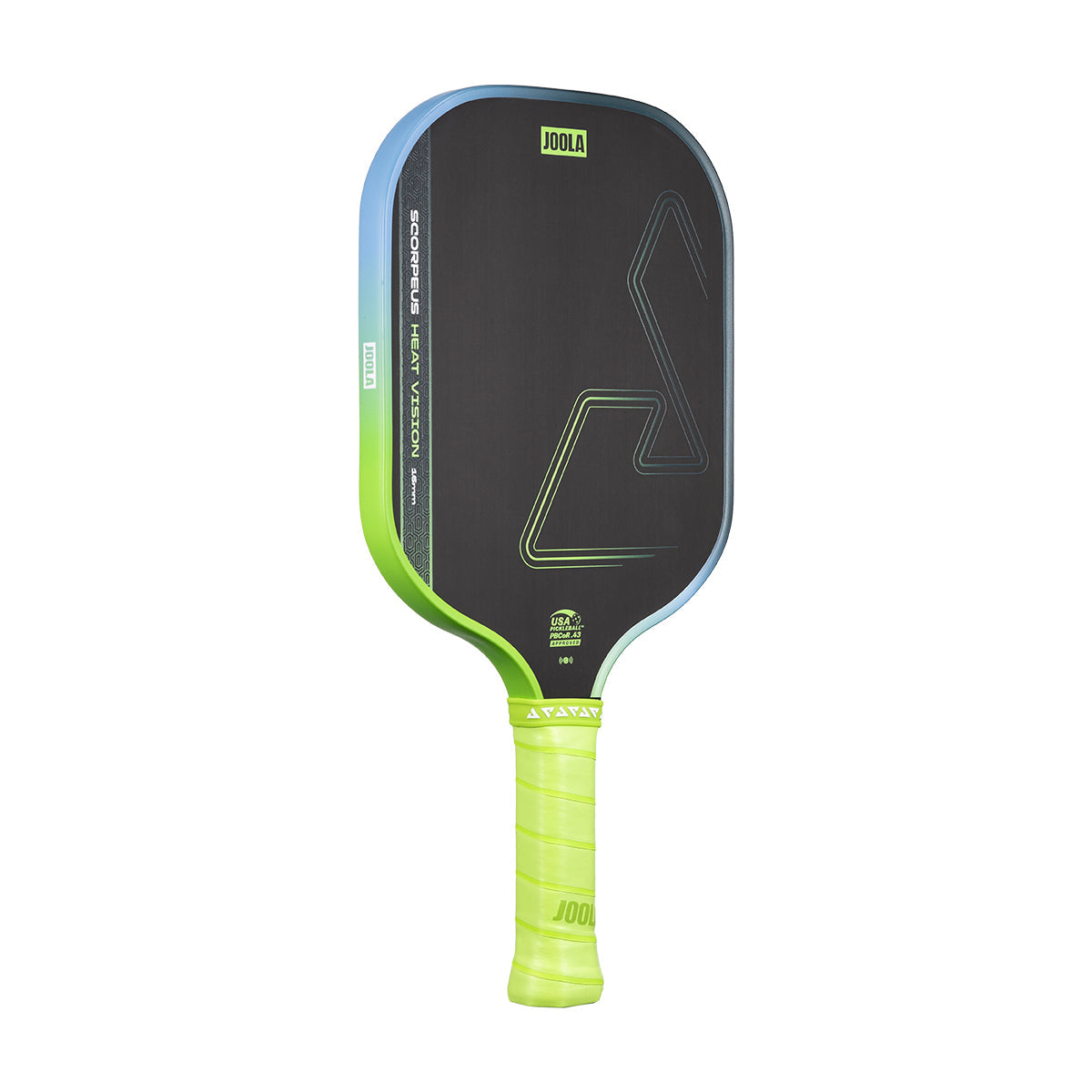 White background, product image of a JOOLA Scorpeus Heat Vision pickleball paddle.