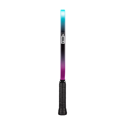 White background, image of the side of a JOOLA Perseus 3S Dual Pickleball paddle. Edge guard is purple and blue with JOOLA logo.