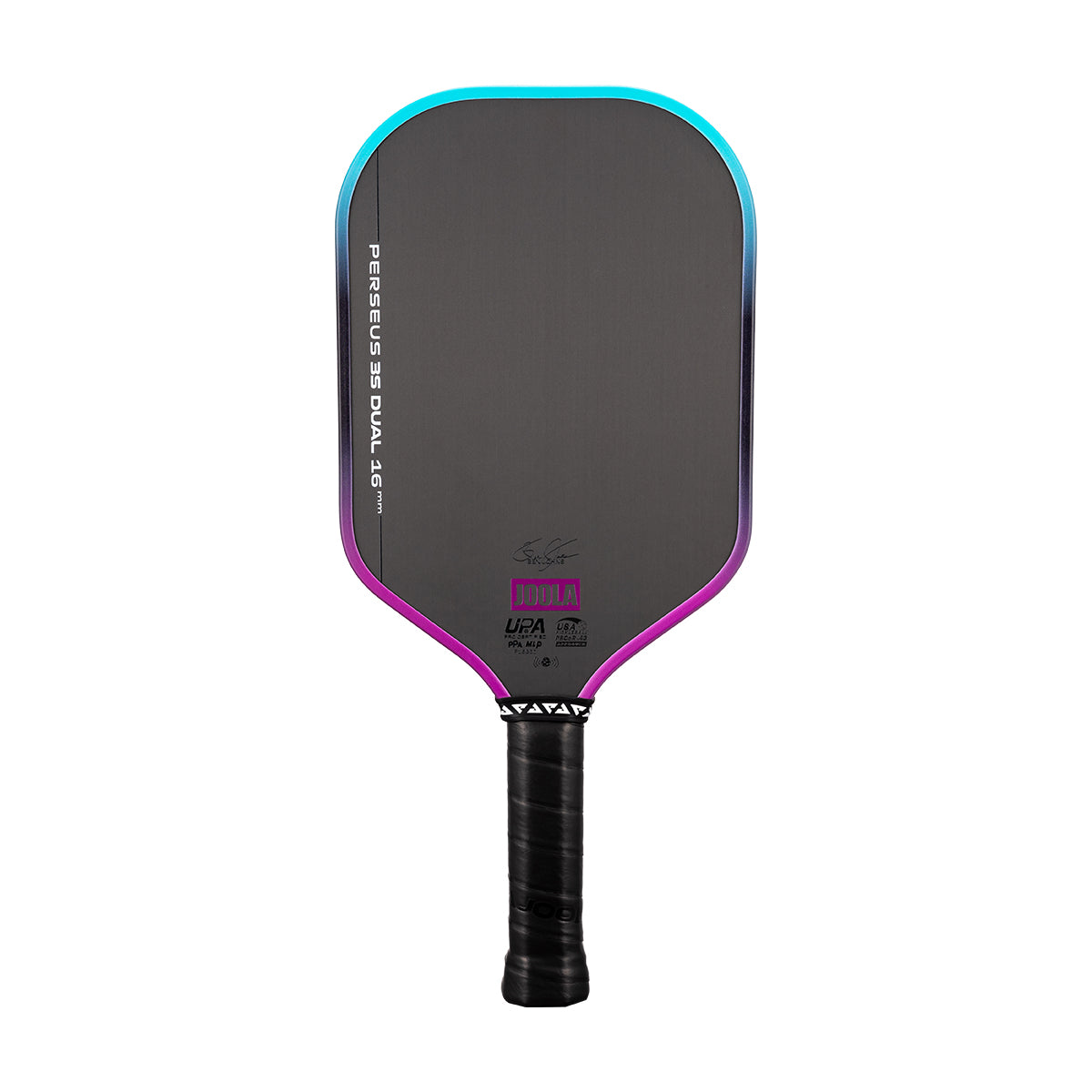 White background, JOOLA Perseus 3S Dual pickleball paddle, with blue and purple color gradiant.