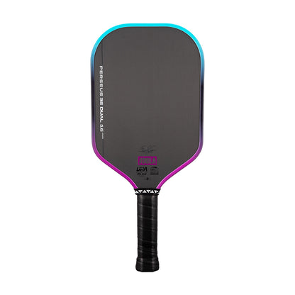 White background, JOOLA Perseus 3S Dual pickleball paddle, with blue and purple color gradiant.