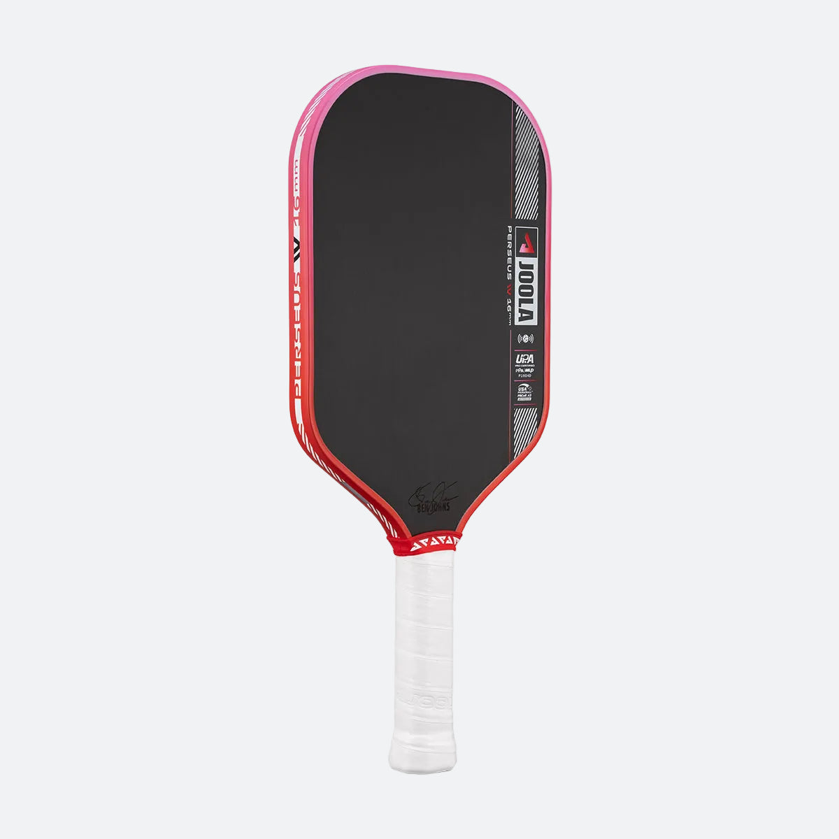Pickleball paddle with black surface, red edges, and white handle on a white background
