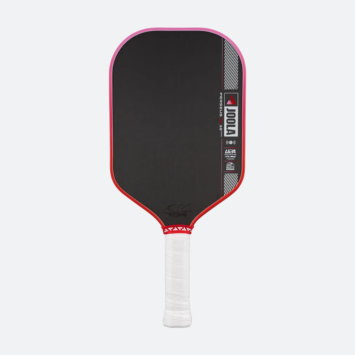 Pickleball paddle with black face, red rim, and white handle on a white background