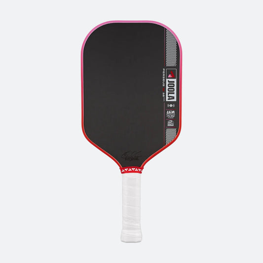 Pickleball paddle with black face, red rim, and white handle on a white background