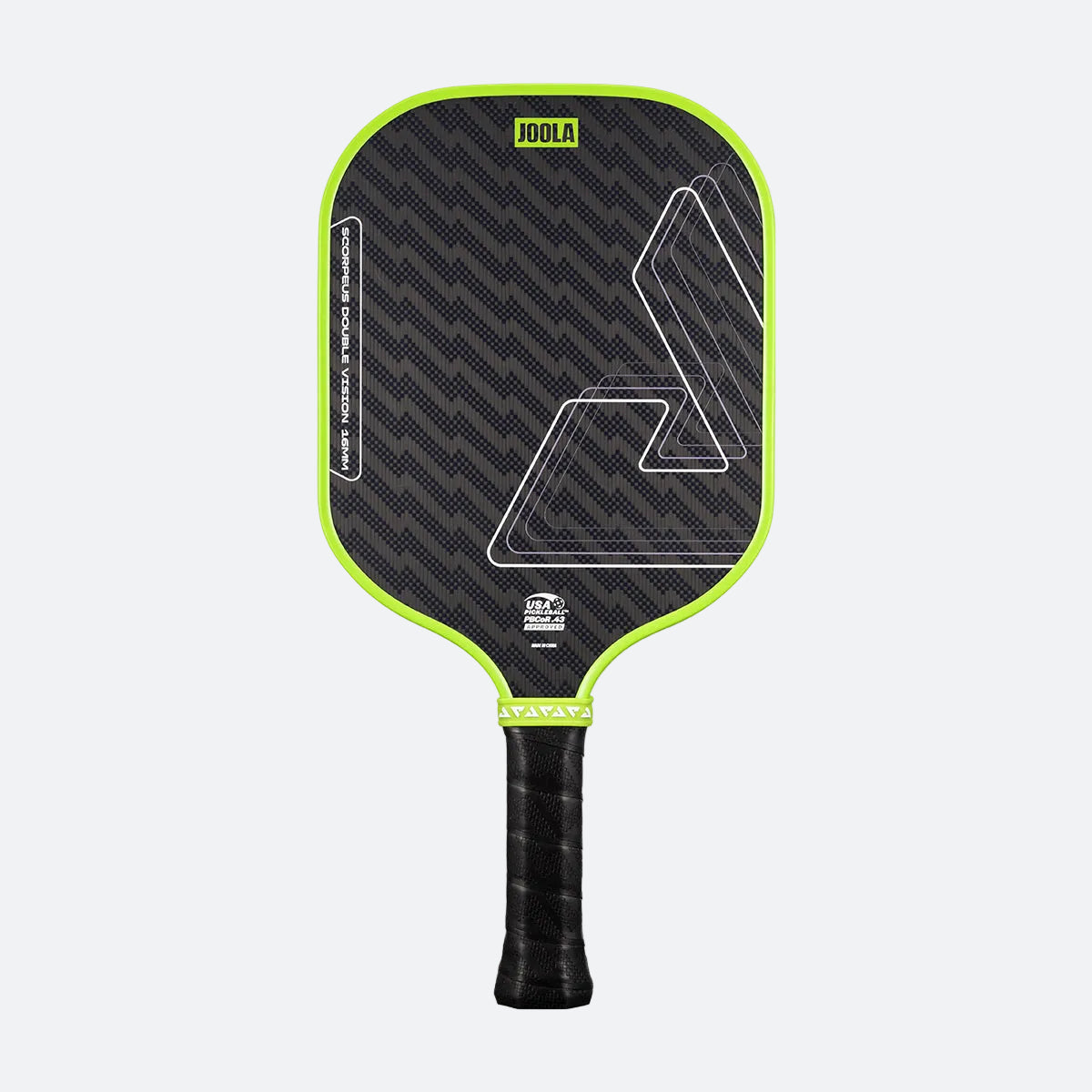 White background, image of a Green JOOLA Scorpeus Double Vision pickleball paddle.
