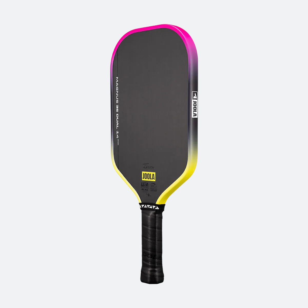 White background, Pink and Yellow gradiant edge guard on the JOOLA 3S Dual Magnus Pickleball Paddle.