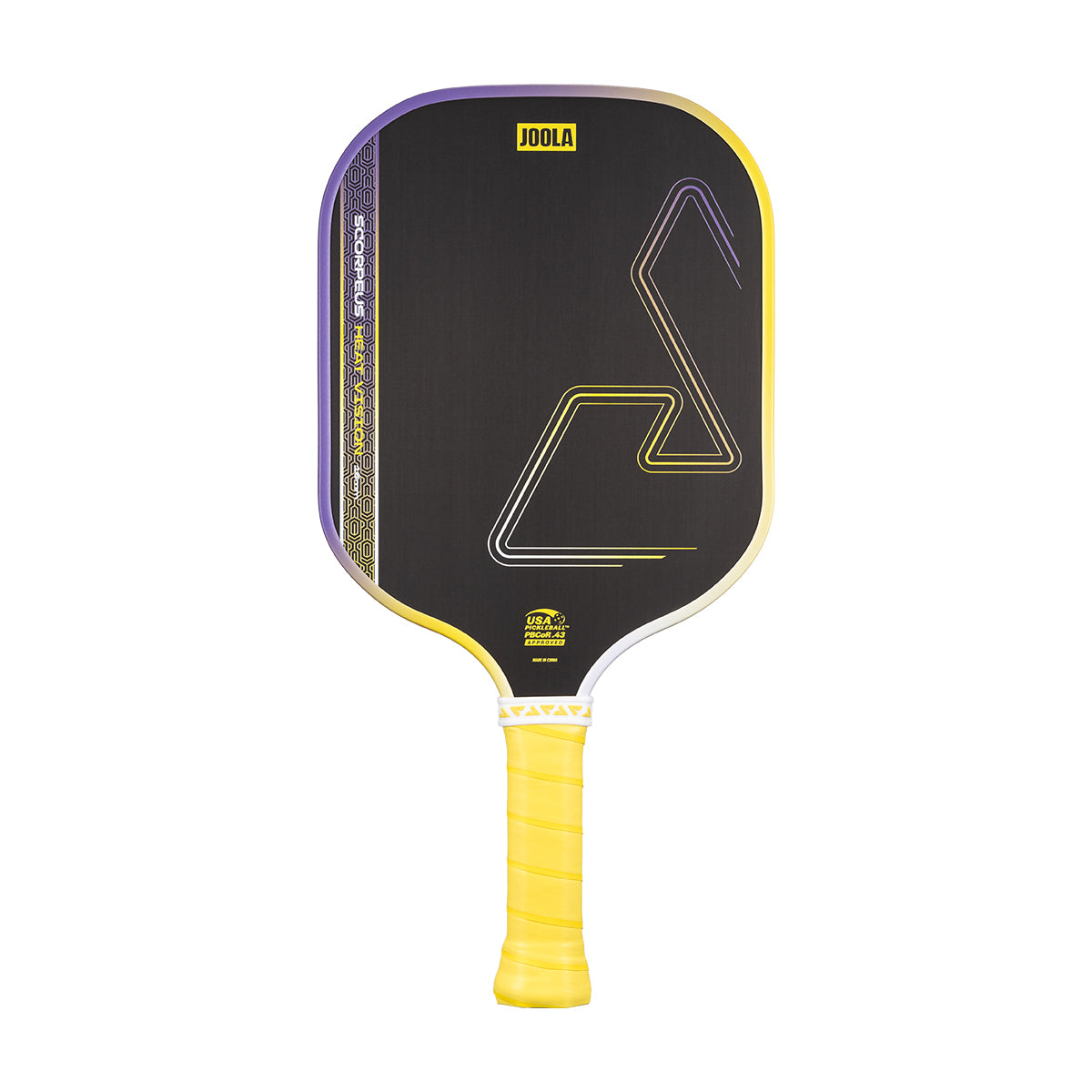White background, product image of a JOOLA Scorpeus Heat Vision pickleball paddle, purple and yellow.