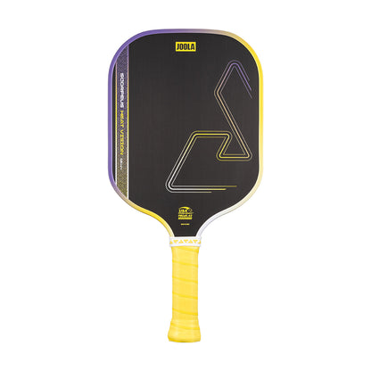White background, product image of a JOOLA Scorpeus Heat Vision pickleball paddle, purple and yellow.