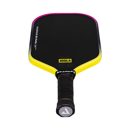 White background, Pink and Yellow gradiant edge guard on the JOOLA 3S Dual Magnus Pickleball Paddle.