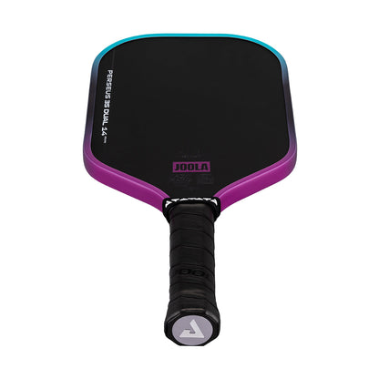 White background, image of the JOOLA Perseus 3S Dual 14mm pickleball paddle, the JOOLA Trinity logo on the bottom of the paddle and black handle are highlighted.