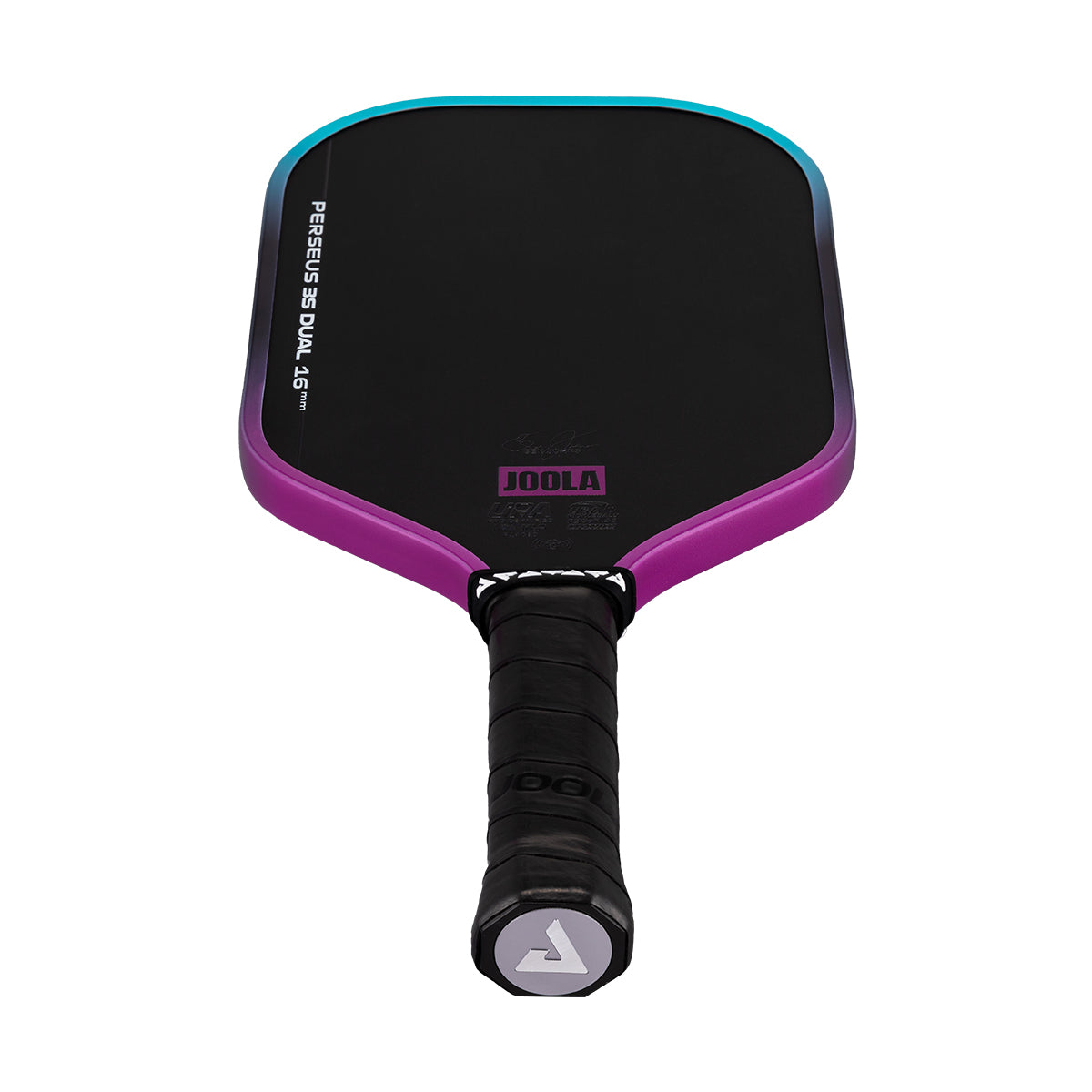 White background, Purple and Blue gradiant edge guard on the JOOLA 3S Dual Perseus Pickleball Paddle.