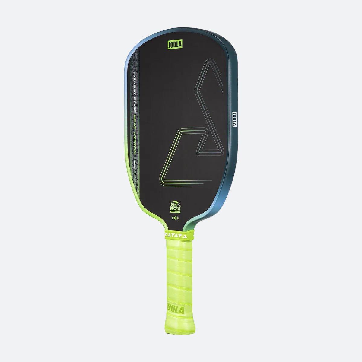 Angled view of a JOOLA Agassi Heat Vision pickleball paddle on a white background.