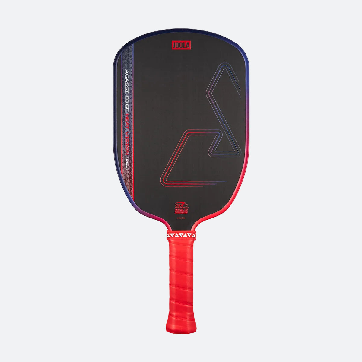 White background, product image of the JOOLA Agassi Heat Vision pickleball paddle with red handle.