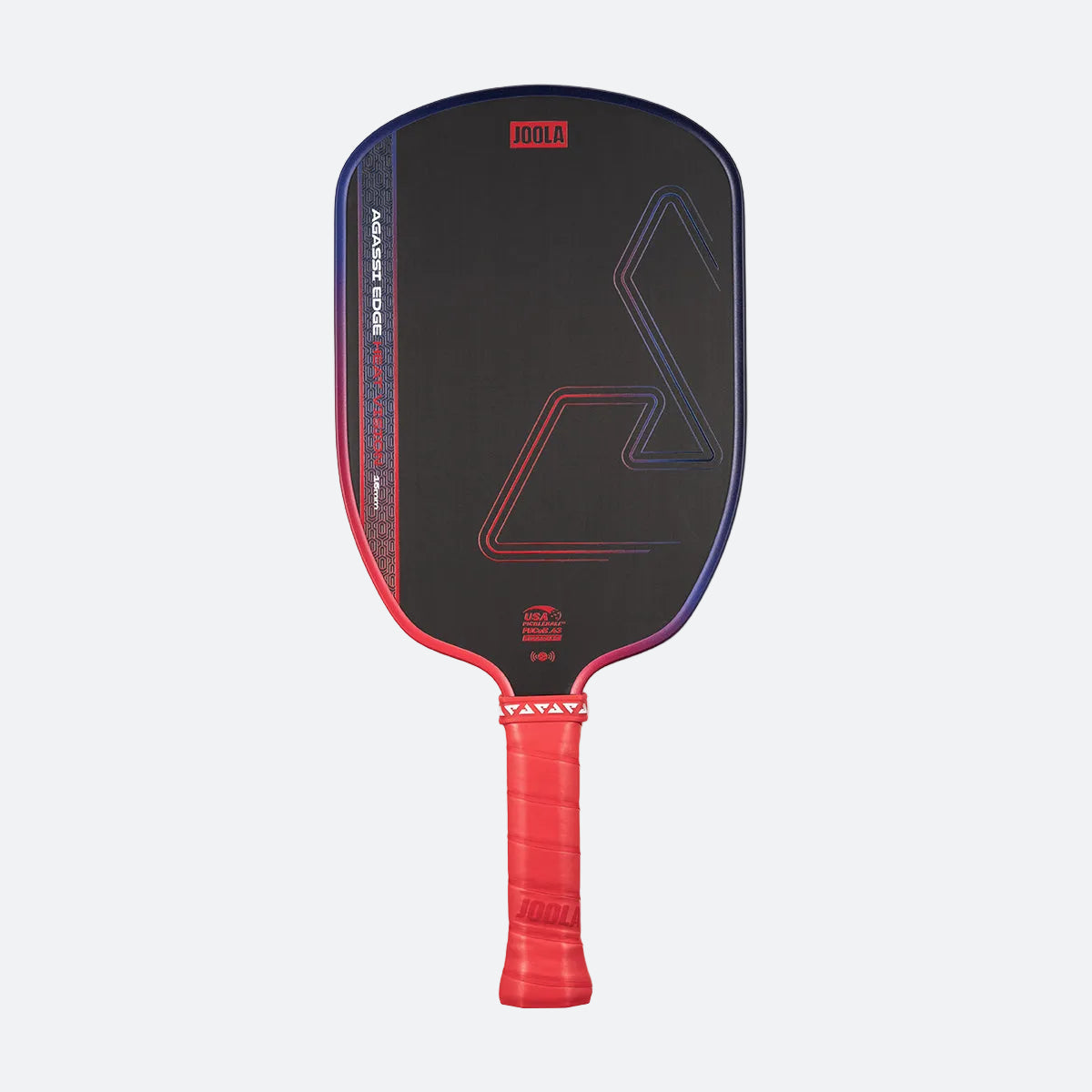 White background, image of a redand purple JOOLA Agassi Heat Vision pickleball paddle.