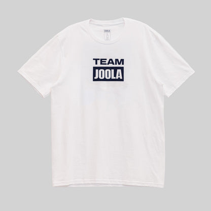 Gray background, product image of a white Team JOOLA graphic tee.