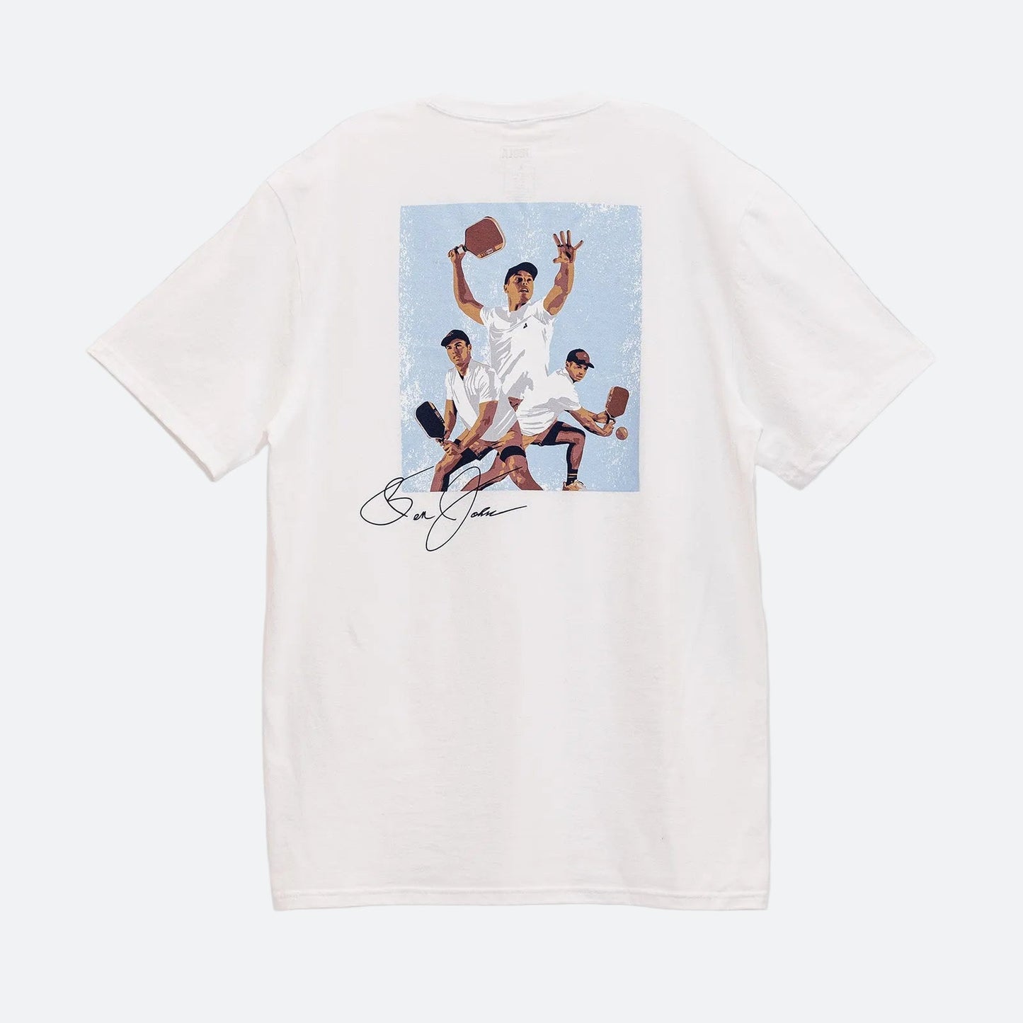 Gray background, product image of the JOOLA Ben Johns illustrated graphic tee.