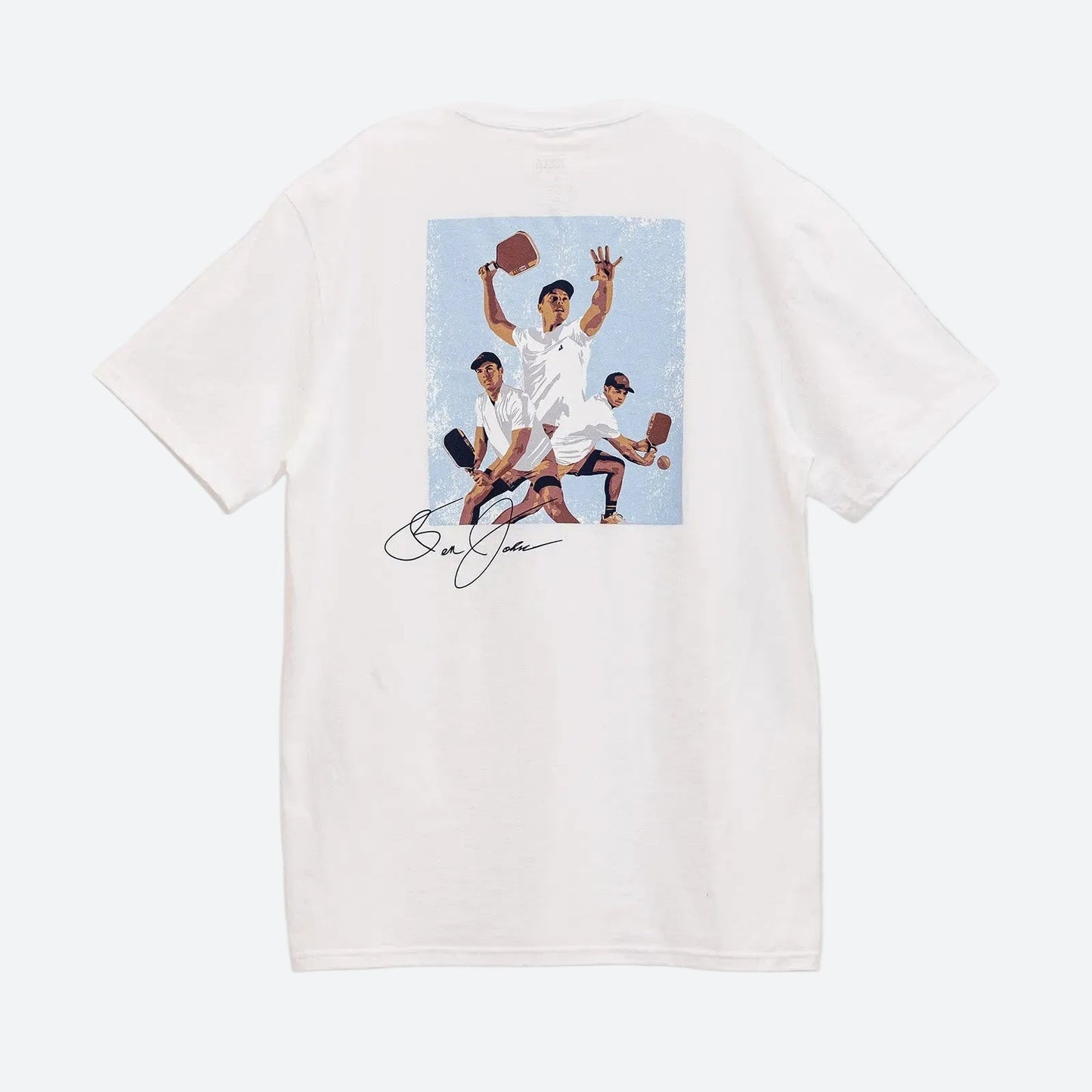 Gray background, product image of the JOOLA Ben Johns illustrated graphic tee.