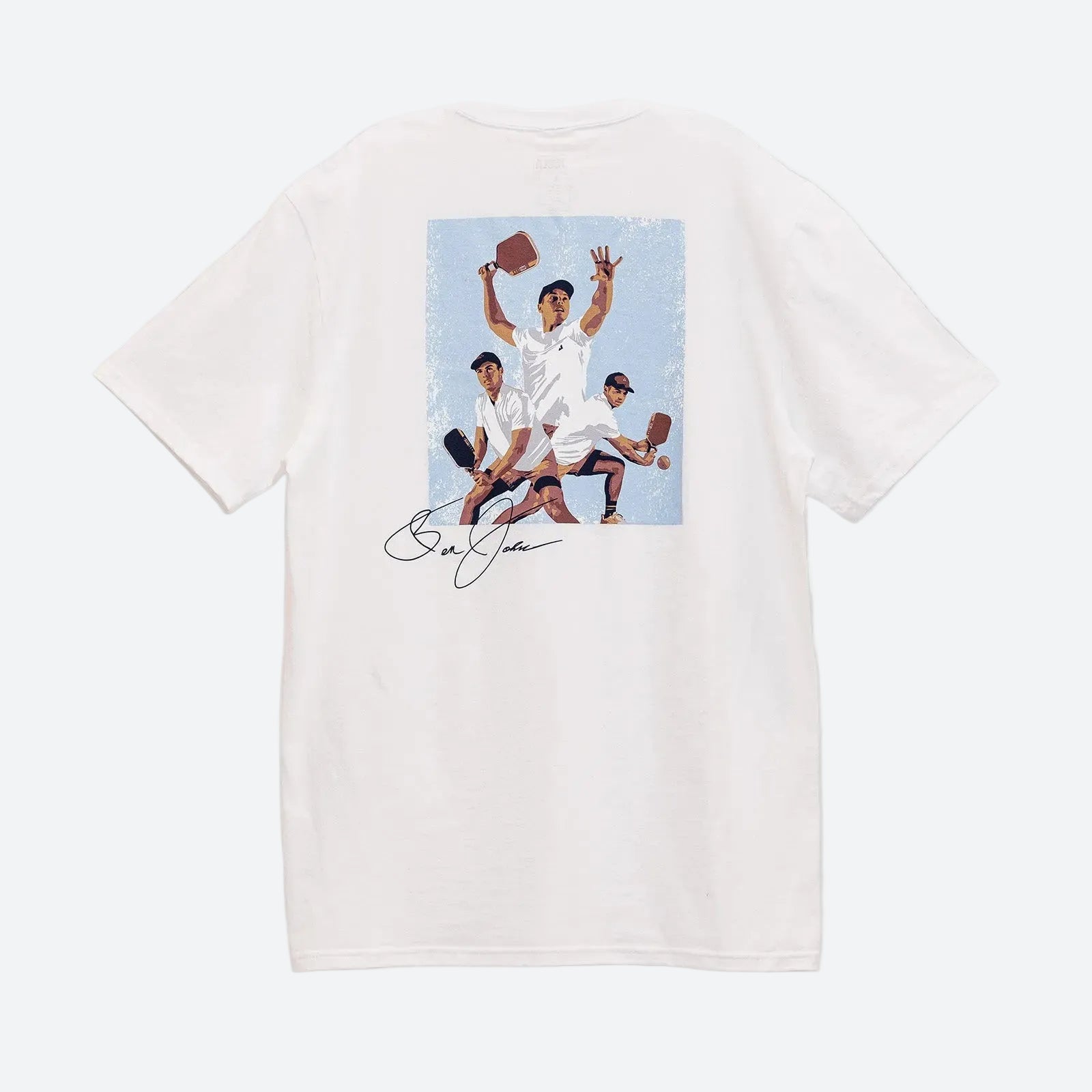 Gray background, product image of the JOOLA Ben Johns illustrated graphic tee.