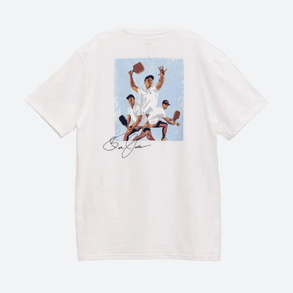 Gray background, product image of the JOOLA Ben Johns illustrated graphic tee.