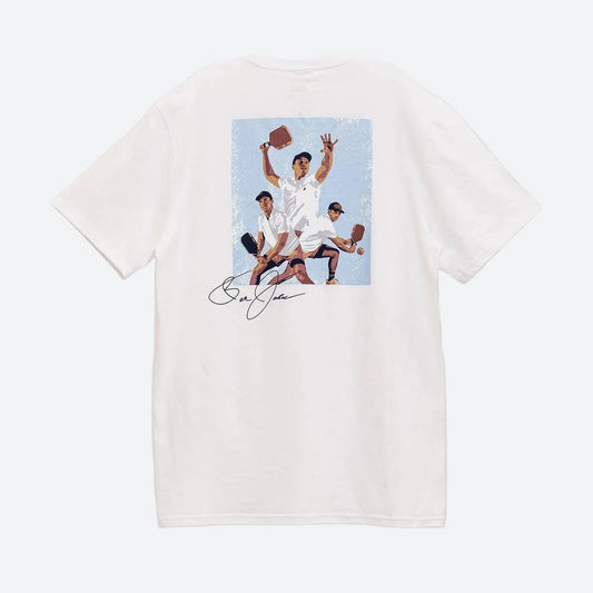 Gray background, product image of the JOOLA Ben Johns illustrated graphic tee.