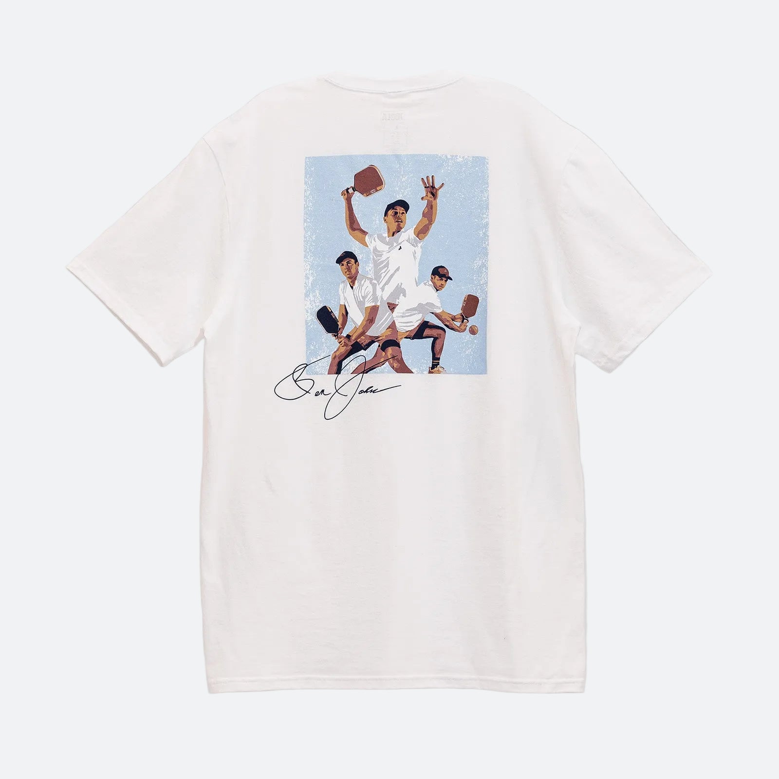 Gray background, product image of the JOOLA Ben Johns illustrated graphic tee.