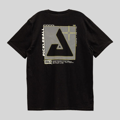 Gray background, back JOOLA tee with cool futuristic image on the back. Black, yellow and white.