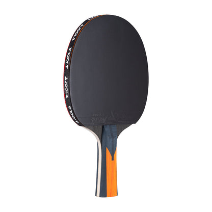 Table tennis paddle with black surface and orange handle on a white background.