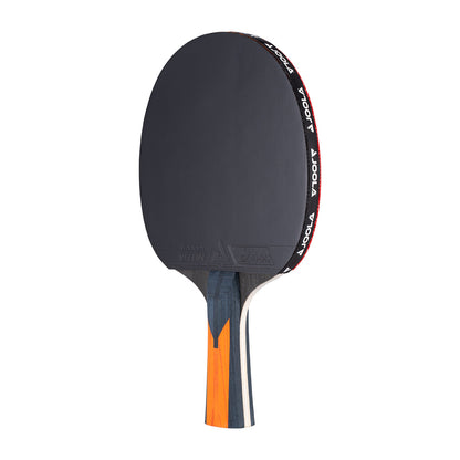 JOOLA Carnom Control table tennis racket, black surface, orange and black handle.