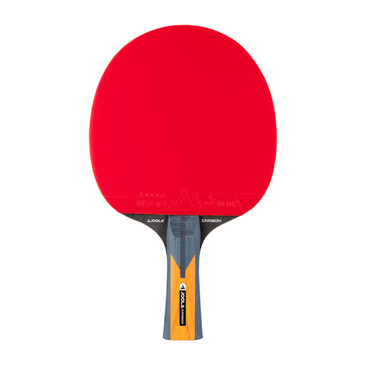 Red Carbon Control ping pong paddle with a black and yellow handle on a white background.