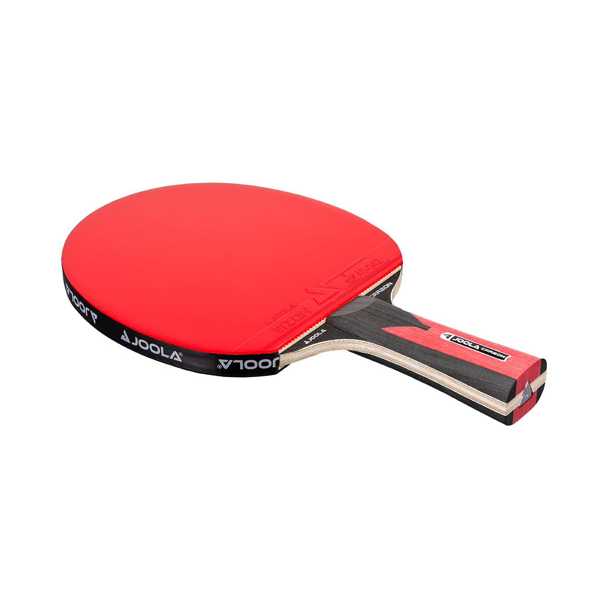 White background, JOOLA Carbon Speed Table Tennis racket with a red surface, and black and red handle.