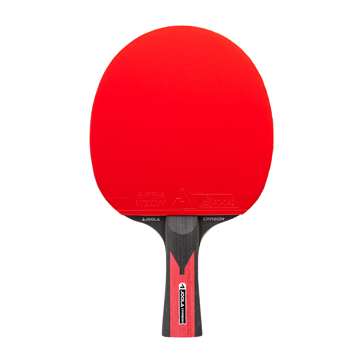 White background, JOOLA Carbon Speed Table Tennis Racket with a red surface and red and black handle.