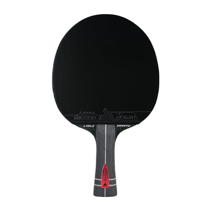 White background, JOOLA Infinity Z Carbon Table Tennis Racket with a black surface and a black, gray and red handle.