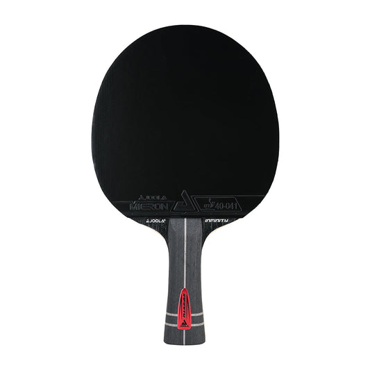 White background, JOOLA Infinity Z Carbon Table Tennis Racket with a black surface and a black, gray and red handle.