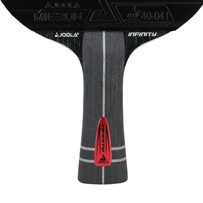 White background, close up image of the Infinity Z Carbon Table Tennis Racket with black gray and red handle.