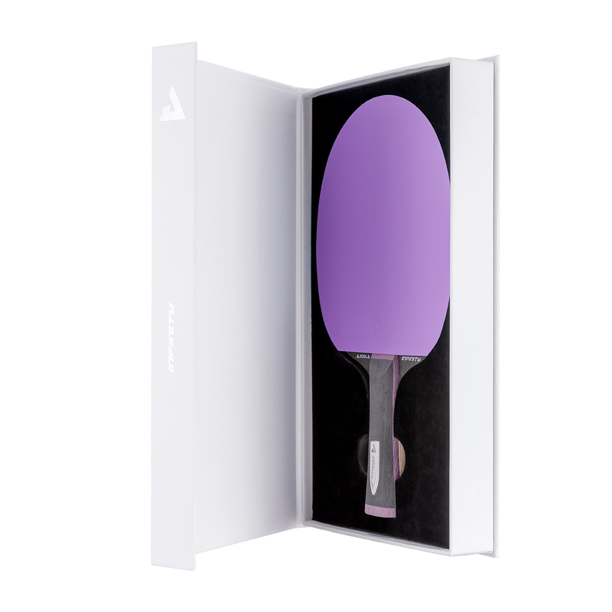 White background, premium white packaging, JOOLA table tennis racket with a black surface, and a black handle with a purple accents.