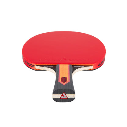 Red JOOLA table tennis racket with black handle on a white background.
