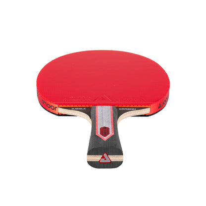 White background, JOOLA Red Carbon Pro Table Tennis racket with a red, black and gray handle.
