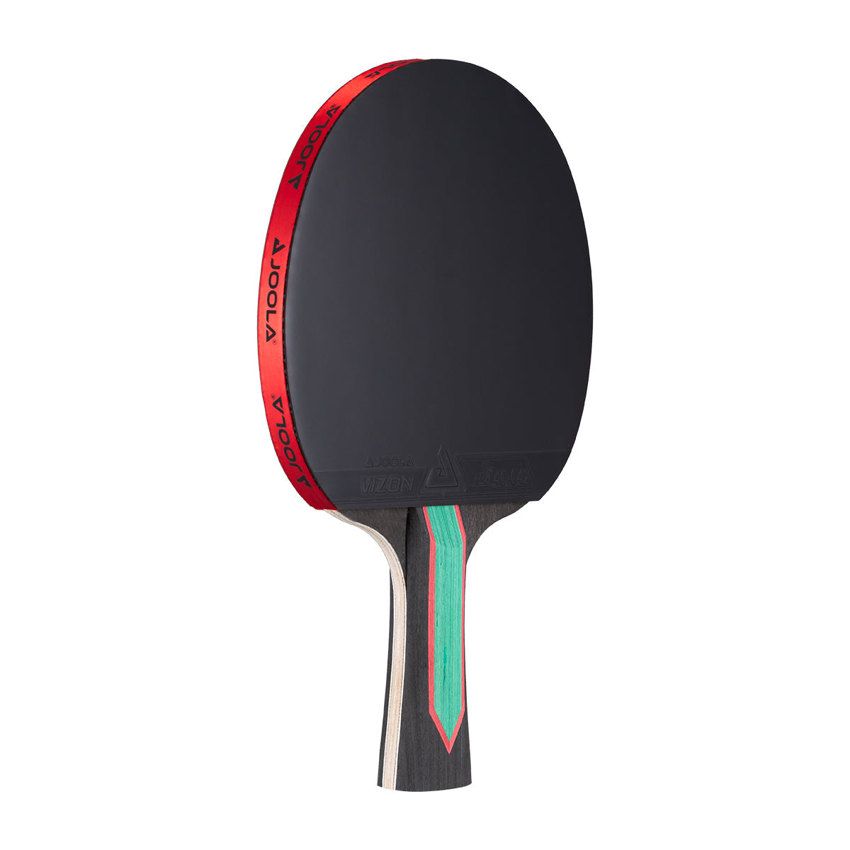 White background, JOOLA Red Carbon CTR table tennis racket with a black surface.