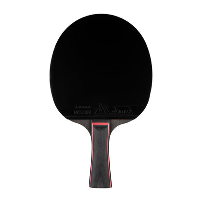 White background, JOOLA Table Tennis racket with a black surface and a black and red handle.