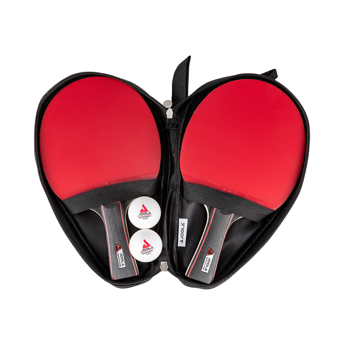Joola Duo Pro Red Table Tennis Racket pair with case and balls hero shot