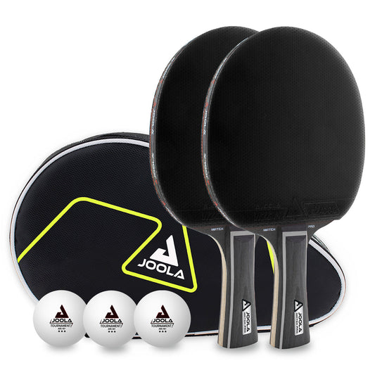 Two JOOLA table tennis rackets with a paddle cover and three balls on a white background.
