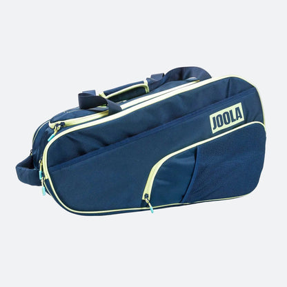 Blue sports bag with yellow accents and 'JOOLA' branding on a white background