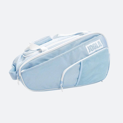 Light blue JOOLA Tour Elite sports bag with white accents on a white background