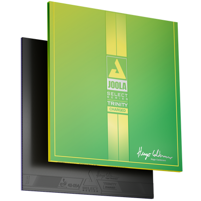 Green and Yellow packaging with a sheet of JOOLA Trinity Hugo Calderano Select Series Charged table tennis rubber.
