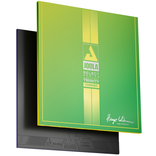 Green and Yellow packaging with a sheet of JOOLA Trinity Hugo Calderano Select Series Charged table tennis rubber.