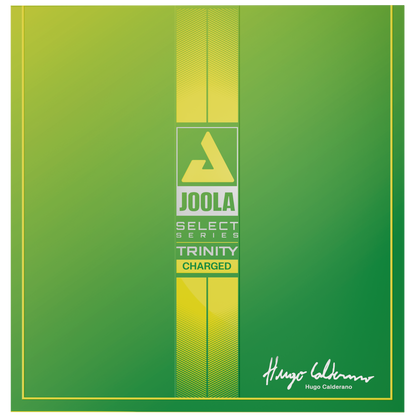 Image of a green and yellow package of JOOLA Select Series Trinity Charged Table Tennis Rubber.