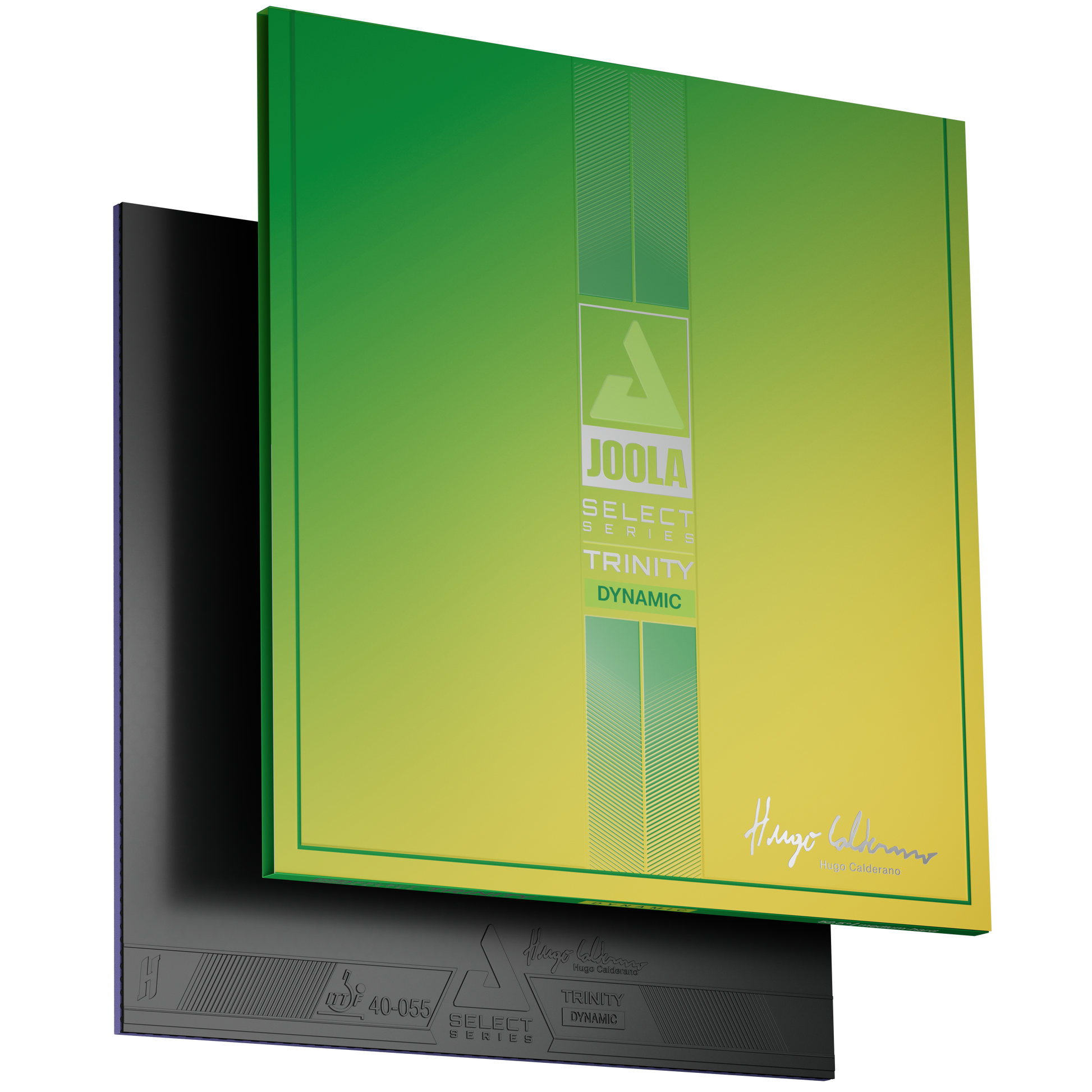 Image of a sheet of JOOLA Trinitiy Hugo Calderano table tennis rubber with yellow and green packaging.