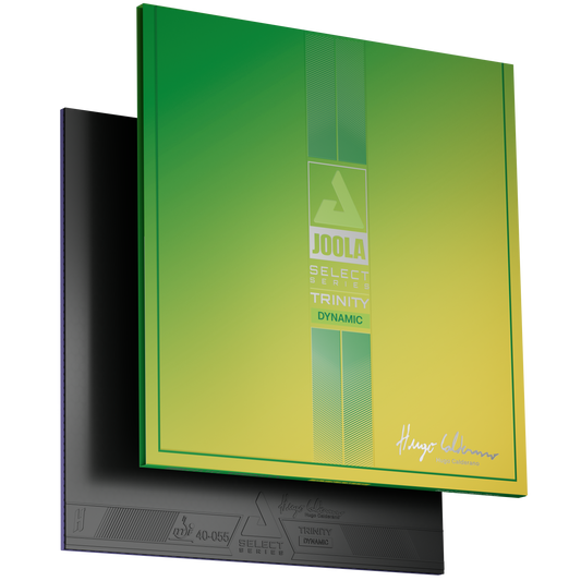 Image of a sheet of JOOLA Trinitiy Hugo Calderano table tennis rubber with yellow and green packaging.