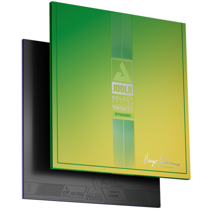 Image of a sheet of JOOLA Trinitiy Hugo Calderano table tennis rubber with yellow and green packaging.