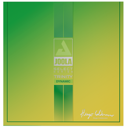 Image of a yellow and green package of JOOLA Select Series Trinitiy Dynamic table tennis rubber.
