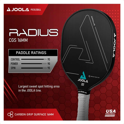 Infographic for the JOOLA Radius Pickleball Paddle with specs on Control, Power and Spin.
